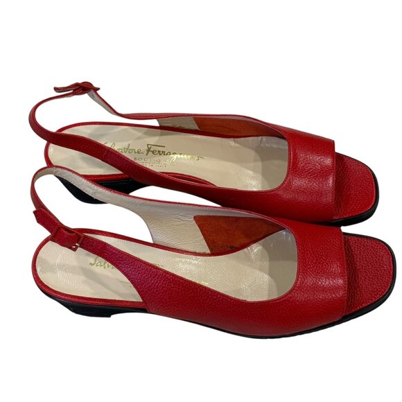 Salvatore Ferragamo Red Peep-Toe Leather Slingback Sandals Size 9 Made In Italy - Picture 1 of 8